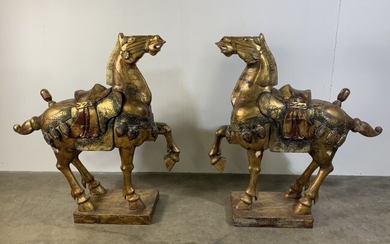 Pair of Mid-19th Century Hand Carved Wooden Tang Dynasty Horse