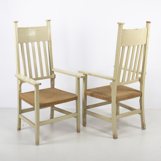 Pair of Modernist armchairs in painted wood, early 20th Century.