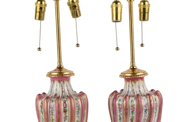 Pair of Pink & Floral Decorated Porcelain Table Lamps