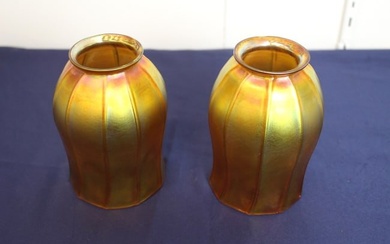 Pair of Quezal Gold Aurene Iridescent Art Glass Shades