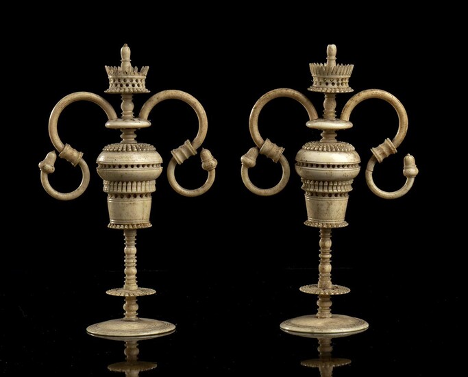 Pair of South German turned bone candlesticks - first...