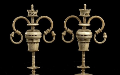 Pair of South German turned bone candlesticks - first