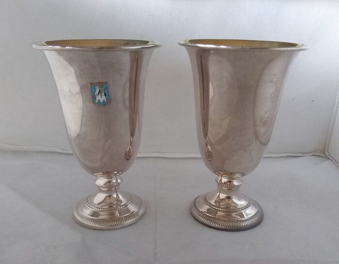Pair of goblets , Goblet (2) - .925 silver, polychrome enamels- R. Miracoli - Milano- Italy - Mid 20th century