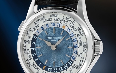 Patek Philippe, Ref. 5110P An elegant platinum world time wristwatch with guilloché dial, Certificate of Origin, and presentation box