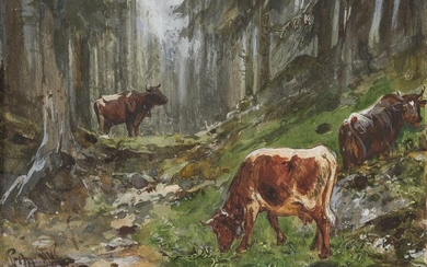 Paul Meyerheim: Kühe im Gebirgswald (Originalzeichnung)