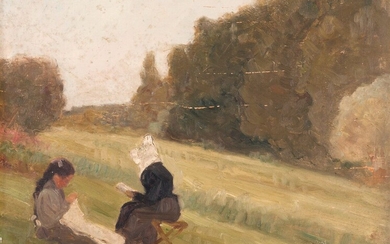 Paul SEBILLEAU (1847-1907) Paysage animé, 1896 Huile sur panneau, signé et daté "1896" en bas...
