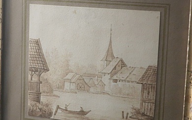 "Paysage fluvial romantique", dessin original colorié à l'encre de sépia, signé en bas à droite...
