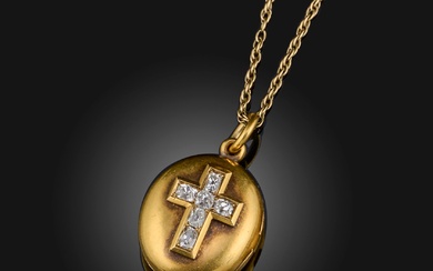 Pendentif médaillon victorien en or et diamants, milieu du 19e siècle, de forme ovale, le...