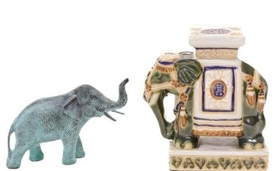 Petite Vintage Ceramic Elephant Garden Seat and Verde Bronze Elephant