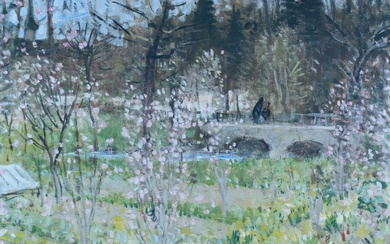 Pierre Eugène MONTEZIN (1874-1946). Magnolias en fleurs au printemps. Huile sur toile signée en bas...