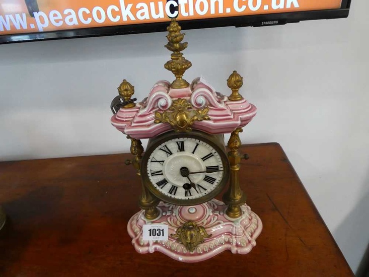 Pink and white ceramic ornate mantle clock with brass detailPink...