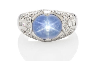 Platinum, Star Sapphire and Diamond Ring