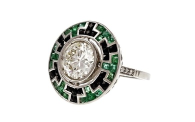 Platinum Transitional Cut Diamond And Emerald Onyx Engagement Ring Size 6.75