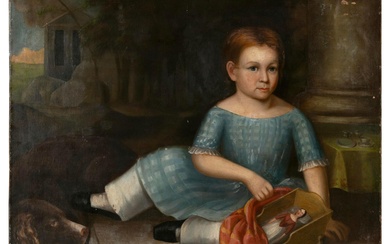 Portrait of a child seated beside a dog and a doll in a toy cradle.