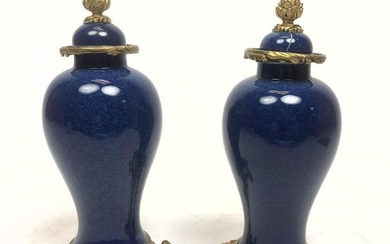 Pr Bronze and Porcelain Miniature Urns. Blue Porcelain