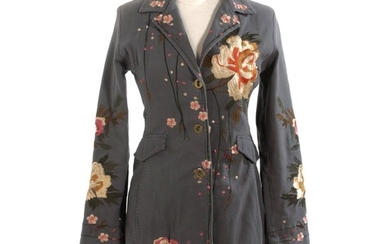 Pure West by Cheryl Long Floral Embroidered Denim Button-Front Long Jacket