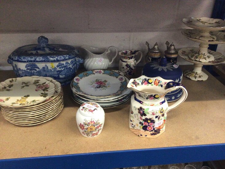 Quantity of ceramics, including a blue and white tureen, Victorian plates, Masons jugs, etc