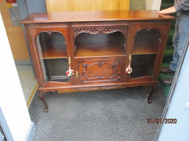 Queen Anne style sideboard, 2 glass door side cupboards and ...