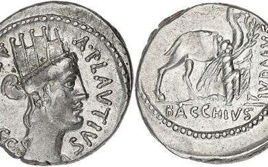 RÉPUBLIQUE ROMAINE A. Plautius. Denier, soumission de la Judée ND (55 av. J.-C.), Rome. RRC.431/1...