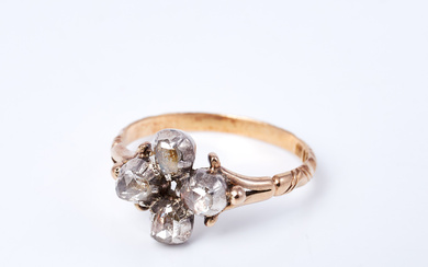 RING, 18k gold rail, 4 rose cut diamonds set in silver, 19th century, later rail, rail stamped with import stamp and 1949.
