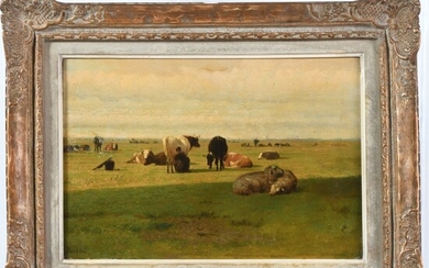 ROBBE Louis. (1806-1887). « Troupeau au pâturage ». Huile sur toile signée. H.23 L.34.