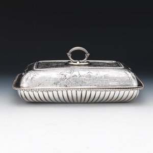 Rare George III Sterling Silver Entree Dish with Cover, Hunting Scene, by John Robins, London, dated 1801