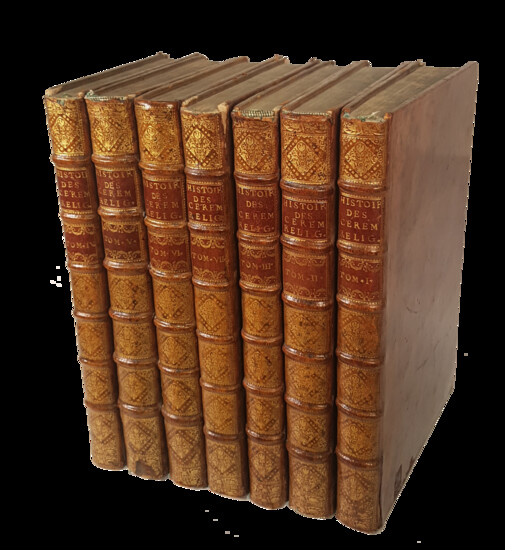 Religious Ceremonies and Customs. Picart and Bernard. First French Edition. Paris, 1741. Original leather bindings. Gilt spine