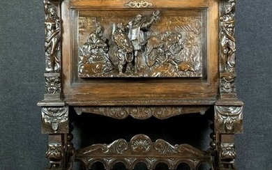 Renaissance style cabinet of castle in solid oak with brown patina - Wood - Mid 19th century