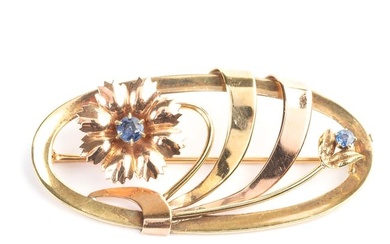 Retro Sapphire, 14k Yellow and Rose Gold Brooch.