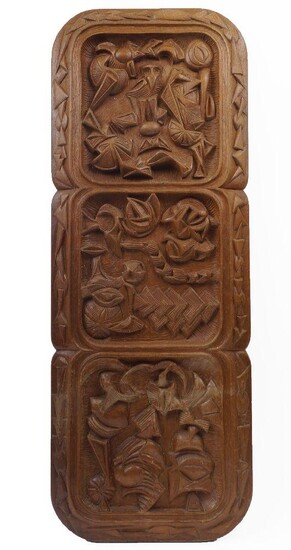 Richard Gardiner, South African, late 20th century, a wooden wall hanging carving, with three panels depicting stylised figures and animals, signed and dated to reverse RICHARD GARDINER LONDON 82, approx. 94.5cm x 35cm