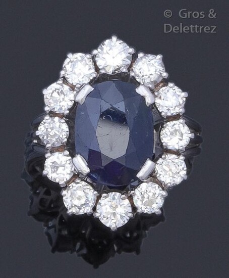 Ring " Fleur " in white gold and platinum, set with an oval faceted sapphire in a ring of brilliant-cut diamonds. Total weight of diamants : approx. 4.7 carats. Turn of doigt : 53 (with cutting ring). P. Brut : 8.9 g.