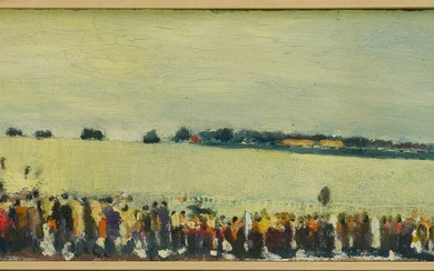 *Robert Sadler (1909-2001) oil on board - Crowds at the Races, signed, 18.5cm x 52cm. NB: Painted at Newmarket in the 1950s, where Robert Sadler often worked alongside Alfred Munnings.
