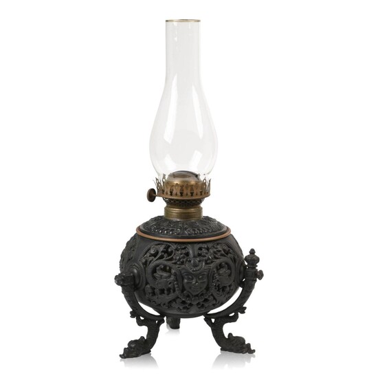 Rococo Revival Patinated-Metal Oil/Kerosene Lamp.