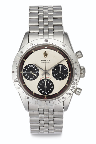 Rolex. A Rare and Attractive Stainless Steel Chronograph Wristwatch ''Paul Newman'' Dial and Bracelet, SIGNED ROLEX, COSMOGRAPH, DAYTONA, PAUL NEWMAN MODEL, REF. 6239, CASE NO. 1'998'797, CIRCA 1968