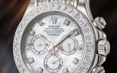 Rolex, Ref. 116599TBR A rare and attractive white gold chronograph wristwatch with mother-of-pearl dial, guarantee and presentation box