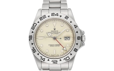 Rolex Reference 16550 Explorer II | A stainless steel dual time zone automatic wristwatch with cream dial, date and bracelet, Circa 1986