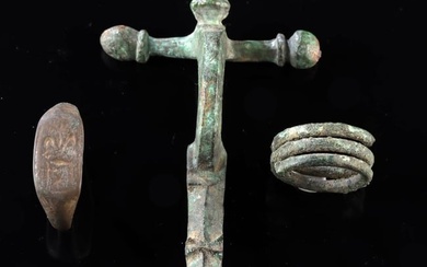 Roman Bronze Crossbow Fibula Finger Rings & Hair Coil