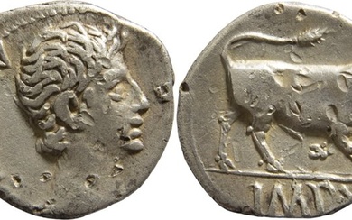 Roman Empire. Augustus (27 BC-AD 14). Denarius Lugdunum, 15-13 BC. Bull butting to right; IMP•X in exergue