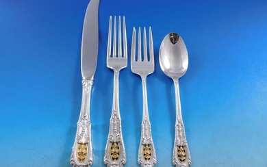 Rose Point Gold Accent by Wallace Sterling Silver Flatware Set 12 Service 48 pcs