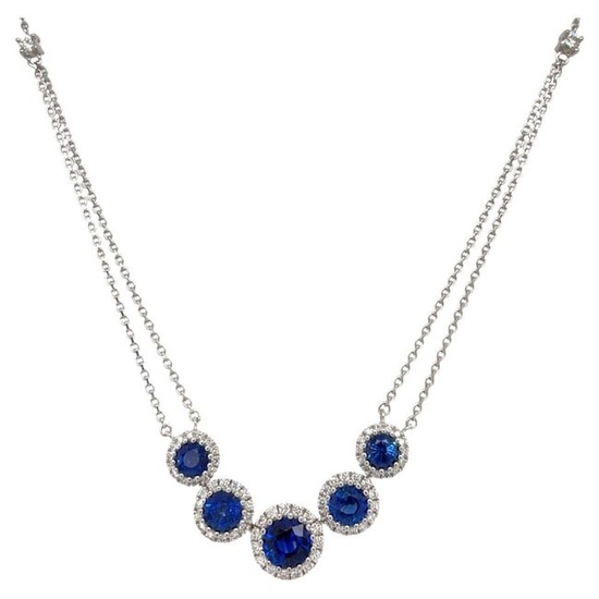 Round Sapphire & Diamond Cluster Necklace in 14K White Gold