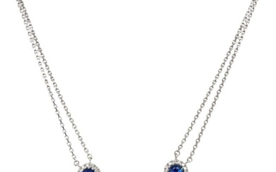Round Sapphire & Diamond Cluster Necklace in 14K White Gold
