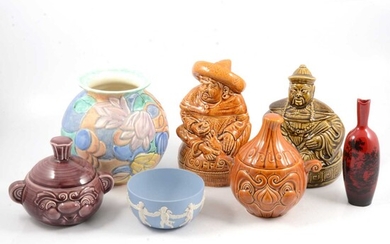 Royal Doulton 'Woodcut' flambe vase, Wedgwood jasperware bowl, Sadler decorative jars and Beswick vase.