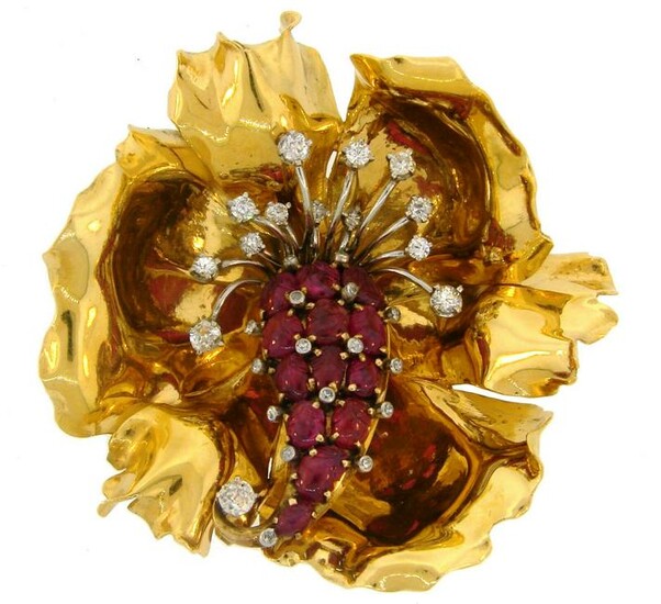 Ruby Diamond Yellow Gold Flower Pin BROOCH Clip French