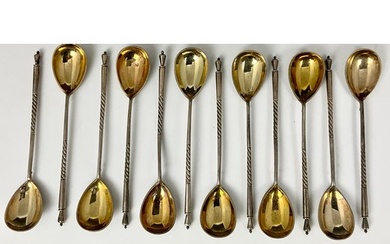 SET OF 12, POSSIBLY RUSSIAN SILVER SPOONS WITH GILT BOWLS AN...