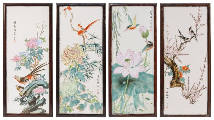SET OF FOUR CHINESE FAMILLE ROSE PORCELAIN PLAQUES Depicting differing fanciful birds, flowers and calligraphy. Each 18" x 7.5". Fra...