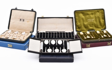 SEVEN CASED SETS OF SILVER TEA SPOONS AND CASED SET OF COCKTAIL STICKS