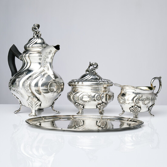 SILVER, 4 parts, coffee pot, creamer, father and sugar bowl, Rococo style.