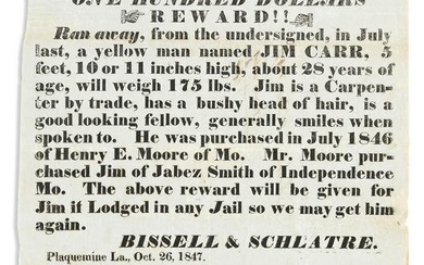 (SLAVERY & ABOLITION.) One Hundred Dollars Reward!! Ran Away . . . a Yellow Man Named Jim Carr.