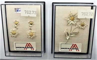 STERLING SILVER Filigree Flower Brooch Earrings AUSTRIA