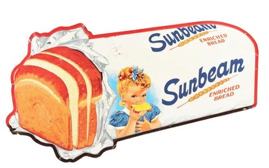 SUNBEAM ENRICHED BREAD DIE-CUT TIN SIGN W/ BREAD LOAF GRAPHIC.